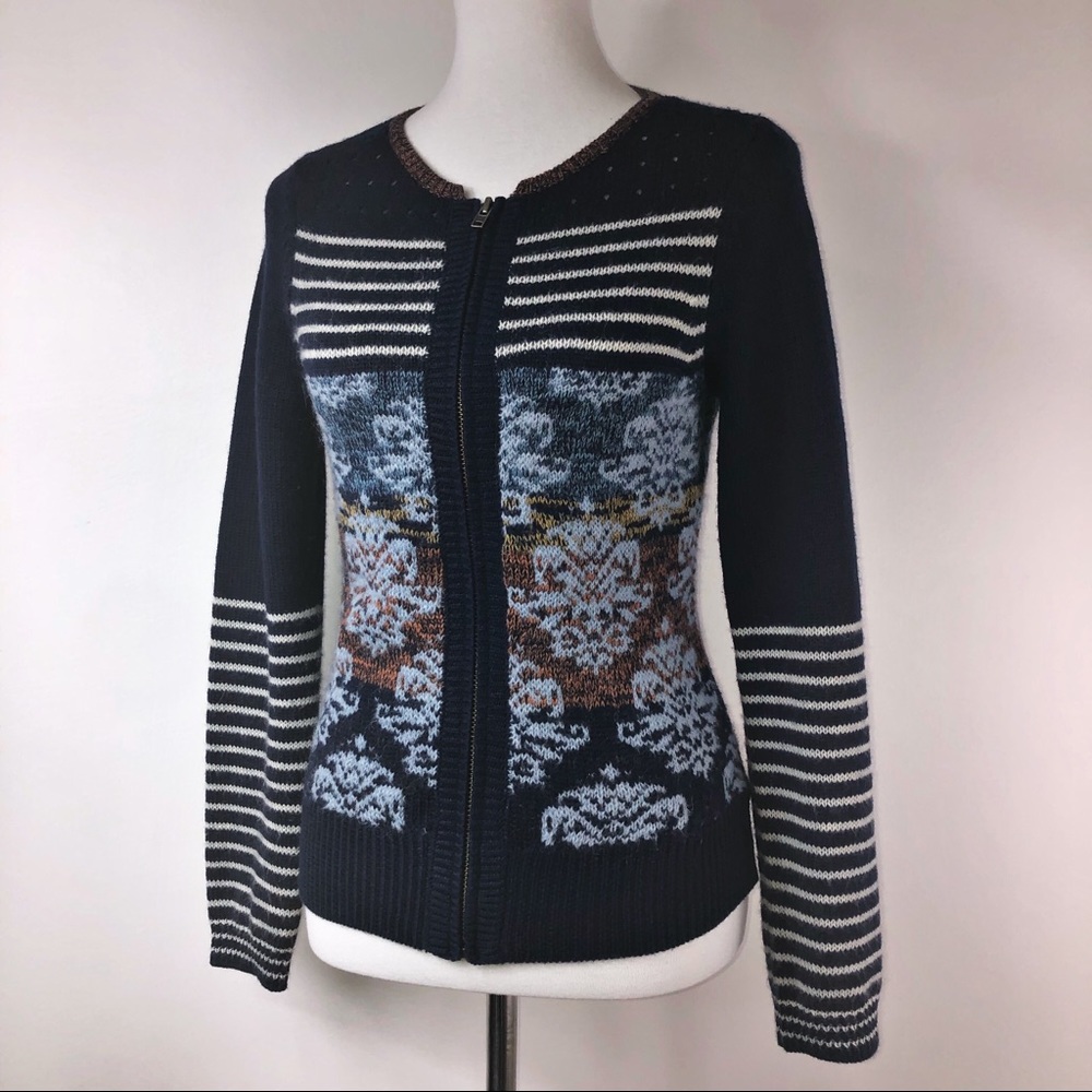 Sparrow Navy Striped Fair Isle Zipped Cardigan